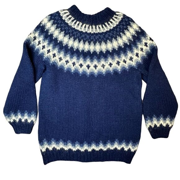 Hand Knit Blue Nordic Fair Isle Crewneck Sweater Size Medium - Picture 1 of 12